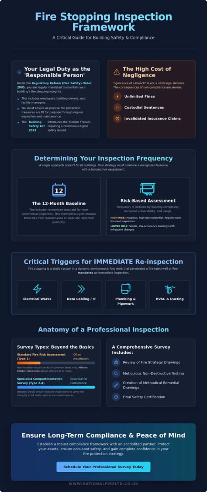 How often should fire stopping be inspected?