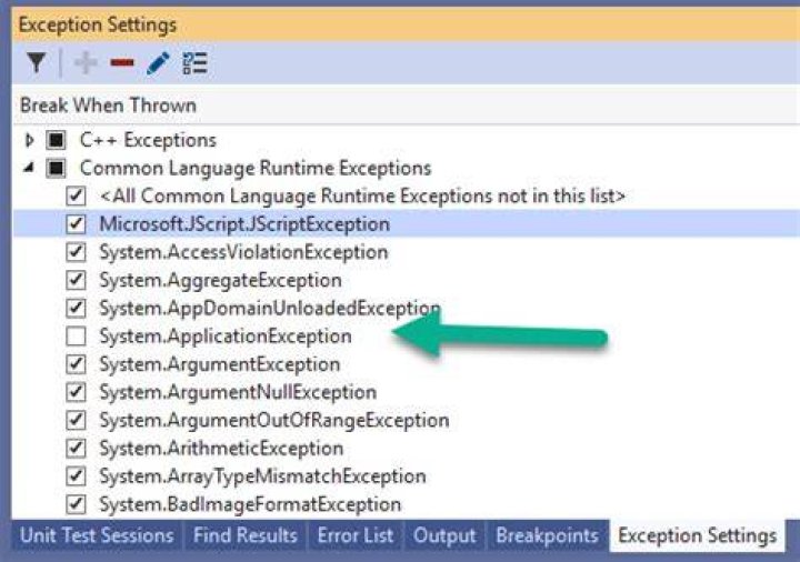 Where is exception settings Visual Studio?